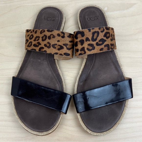 UGG Women’s Size 8.5 Amalia Slide Sandals Flats Leopard Animal Print Leather - Picture 2 of 10